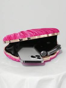 缎面褶皱盒形晚宴包、宴会包、礼服包、舞会手包、链带单肩包、婚礼钱包 - 玫紅色 - 查看 9