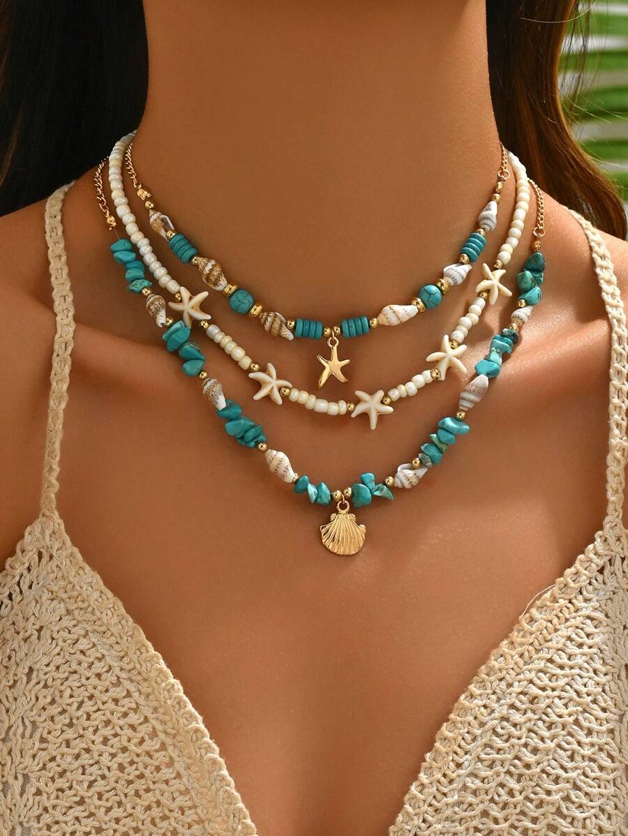 3 cái/bộ Vỏ ngọc lam & Vòng cổ đính cườm ngọc trai nước ngọt, Vòng cổ nhiều lớp mặt dây chuyền ngôi sao biển thời trang dành cho nữ, thích hợp cho trang phục thường ngày, đi biển, du lịch - Xanh ngọc + hạt gạo - Xem 1
