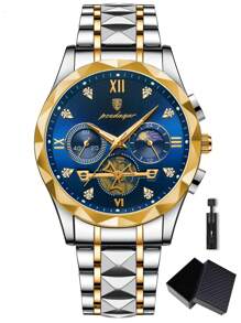 POEDAGAR 1pc Classic Quartz Chronograph Wrist Watch For Men, Water Resistant With Gift Box