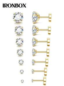IRONBOX 1 Bông tai lưng phẳng không gây dị ứng 20G dành cho nữ Bạc Bông tai thép không gỉ vàng 14K Brithstone Cubic Zirconia Studs Bông tai sụn thép phẫu thuật cho tai nhạy cảm - Vàng - Xem 1