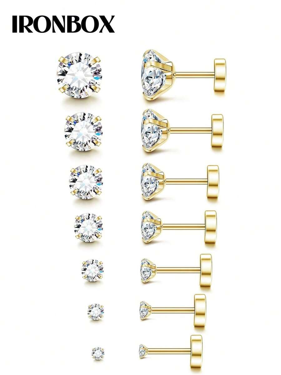 IRONBOX 1 Bông tai lưng phẳng không gây dị ứng 20G dành cho nữ Bạc Bông tai thép không gỉ vàng 14K Brithstone Cubic Zirconia Studs Bông tai sụn thép phẫu thuật cho tai nhạy cảm - Vàng - Xem 1