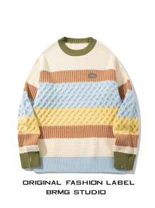 Men's Fashion Loose Fit Casual Sports Collegiate Vintage Color Block Striped Diamond Textured Knitted Sweater With Ribbed Details, Autumn Winter