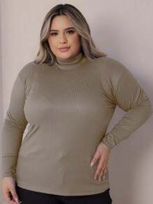 Long Sleeve Plus Size Blouse High Neck Blouse Cacharrel Women's Second Skin Ribbed Second Skin - Beige - View 2