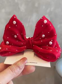 1pc Cute & Sweet Rhinestone Bow Decor Hair Clip For Girls (Shipped Without Card) - Red - View 3