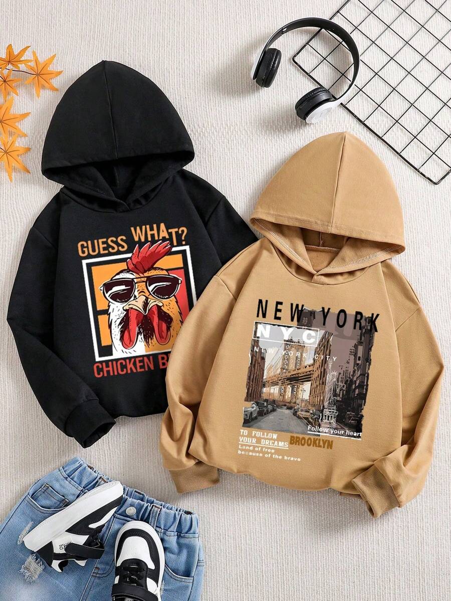 2pcs Tween Boys Cartoon Graphic Print Sweatshirt Set - Multicolor - View 1