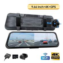 Cinandrow 9.66" 4K Mirror Dash Cam Backup Camera, 2160P Full HD Smart Rearview Mirror For Cars & Trucks, Front And Rear View Dual Cameras, Night Vision, Parking Assistance, Included 64GB Card & GPS - 黑色 - 查看 3