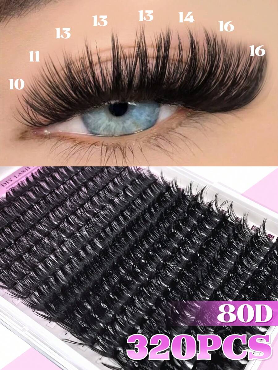 320 PIEZAS Racimos de pestañas individuales 80D Rizado D 9-16mm Kit de extensión de pestañas postizas Súper gruesas, de volumen dramático, esponjosas, ultraligeras y súper suaves, reutilizables para uso personal en el hogar o en movimiento para la vida diaria, boda, citas, fiestas, festivales de música y Halloween