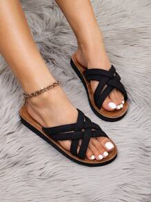 Sandalias de mujer para verano y otoño, nueva moda de nicho retro romántico, adecuadas para vacaciones, cena al aire libre. Zapatillas planas de tiras cruzadas negras con punta redonda, ligeras, transpirables y cómodas, estilo francés senior - Negro - Ver 5