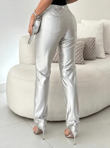 SHEIN NIFTY Women's Metallic Spandex High Waist Pants - Silver - View 3