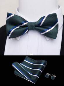 AlanKing 1set Premium Striped Bow Tie, Pocket Square, Cufflinks Suit Accessories Gift Set For Men Men Necktie