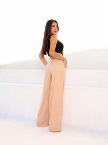 Wide Leg Striped Tailor Pantalona Pants. - Khaki - View 2
