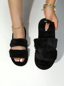 Pantuflas negras de 2 correas, esponjosas y peludas para mujer, suaves y ligeras, pantuflas silenciosas para usar en interiores - Negro - Ver 4