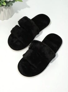 Pantuflas negras de 2 correas, esponjosas y peludas para mujer, suaves y ligeras, pantuflas silenciosas para usar en interiores - Negro - Ver 5