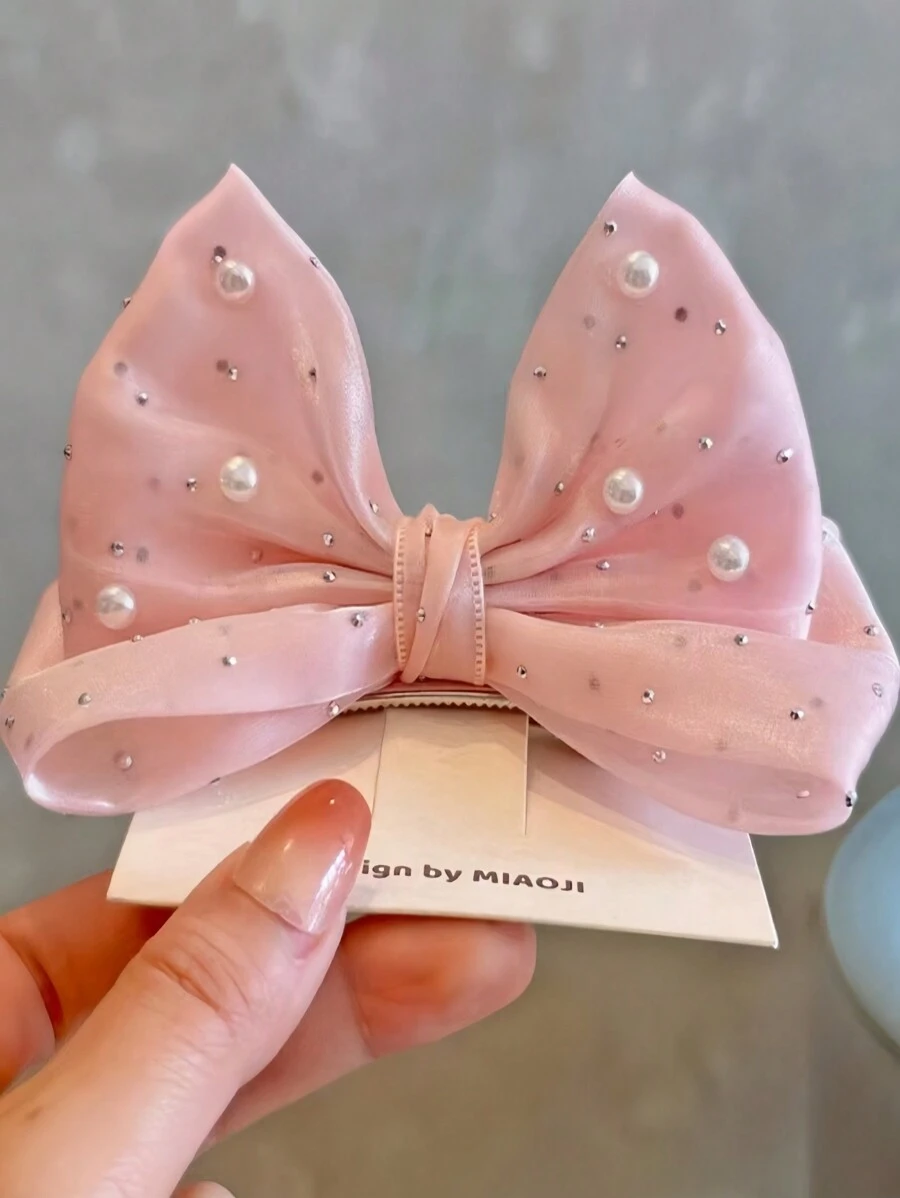 1pc Girls Cute Rhinestone Bowknot Design Hair Clip (Card Not Included) - Pink - View 1