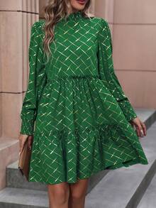 女士迷你荷叶边立领优雅连衣裙 - 墨綠色 - 查看 4