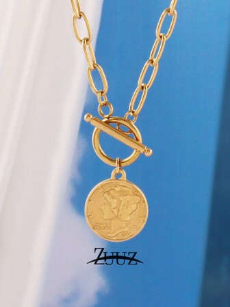 1 件复古不锈钢圆形硬币吊坠项链女士硬币吊坠项链时尚珠宝最佳朋友礼物