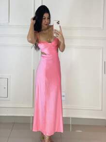 Summer Casual Spaghetti Strap V-Neck Swing Holiday Dress - Hồng - Xem 1