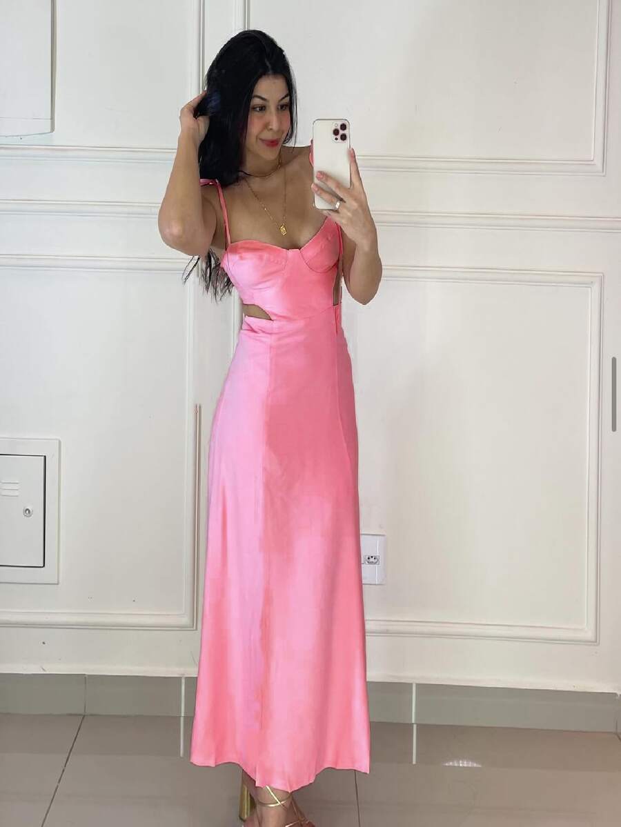 Summer Casual Spaghetti Strap V-Neck Swing Holiday Dress - Hồng - Xem 1