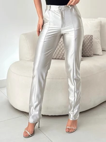 SHEIN NIFTY Women's Metallic Spandex High Waist Pants - Silver - View 6