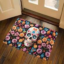 1pc Thickened 0.47 Inch/1.2cm Halloween Colorful Skull Pattern Kitchen Mat, Rose Background Non-Slip Polyester Floor Mat, Suitable For Bathroom, Bedroom, Game Room, Indoor And Outdoor Day Of The Dead Decoration Halloween Party - Multicolor - View 15