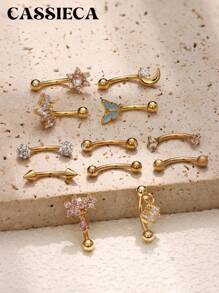 CASSIECA 1PC 车耳钉首饰车耳钉耳环男女款眉环 16G 不锈钢弧形杠铃吊坠 CZ 肚唇环软骨耳甲表面耳屏耳钉首饰 - 金色 - 查看 1