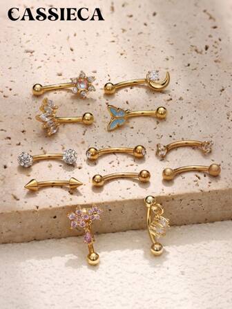  CASSIECA 1PC 车耳钉首饰车耳钉耳环男女款眉环 16G 不锈钢弧形杠铃吊坠 CZ 肚唇环软骨耳甲表面耳屏耳钉首饰