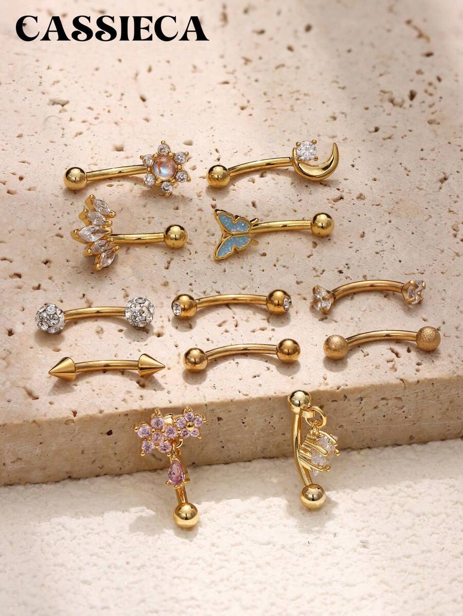 CASSIECA 1PC 车耳钉首饰车耳钉耳环男女款眉环 16G 不锈钢弧形杠铃吊坠 CZ 肚唇环软骨耳甲表面耳屏耳钉首饰 - 金色 - 查看 1