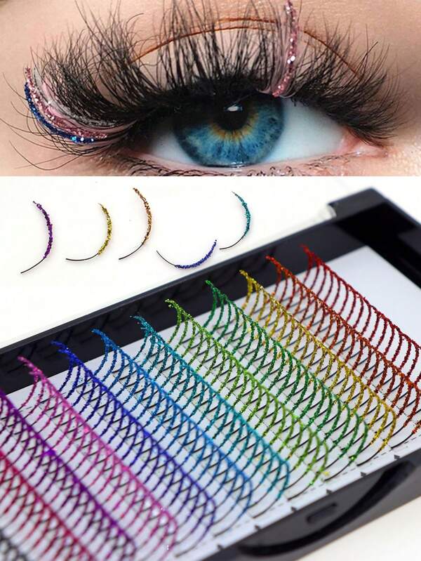 Faux Cils Scintillants De Couleur Mélangée Pour Extension De Cils De Fée, Courbure D, 12 Couleurs, 240 Pièces/plateau