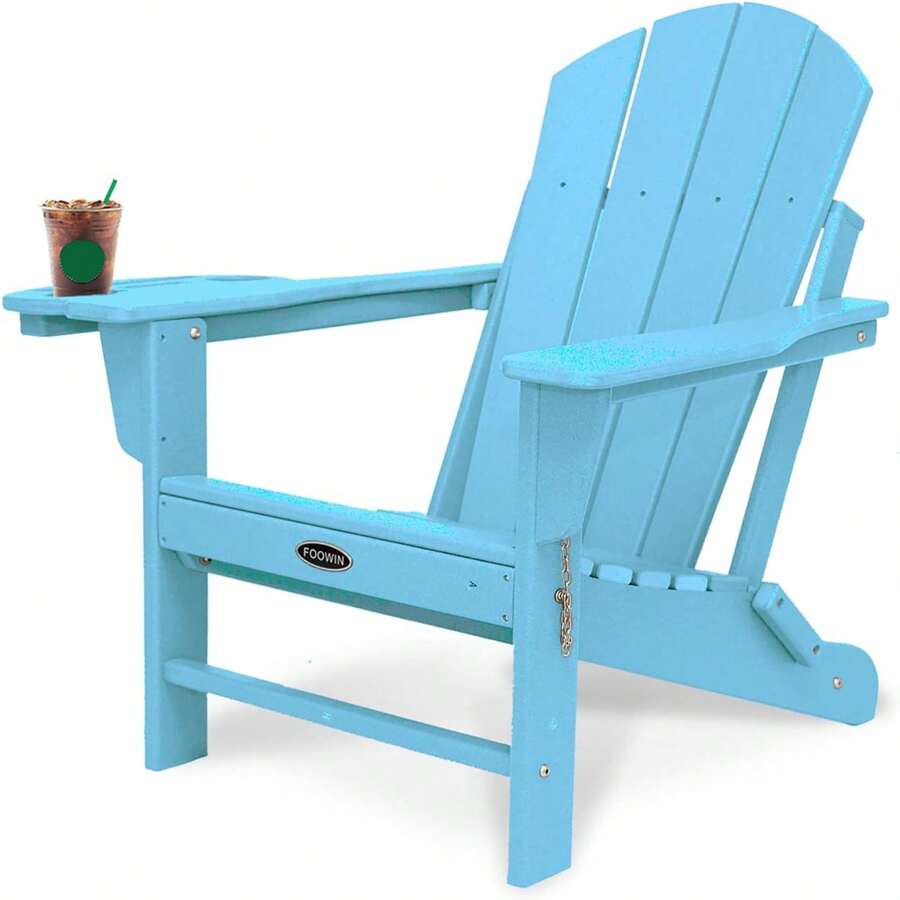 FOOWIN HDPE Folding Adirondack Chair, All-Weather Resistant Adirondack Chair W/4 In 1 Cup Holder Trays, Adirondack Chairs For Outdoor, Patio, Lawn, Garden, Backyard Deck