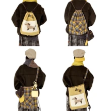 Men's Multi-Purpose Two Side Pattern Design Slant Shoulder Bag Plaid Drawstring Bag Pleated Drawstring Pale Yellow Gum Printed Cute Dogs Shoulder Bag College Style Fashion Casual Tote Bag - Brown - View 2