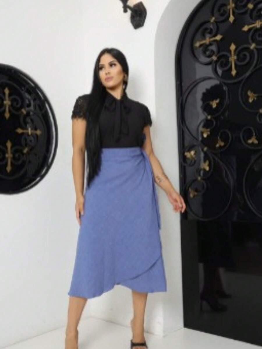 Women's Wrapped Envelope Skirt With Linen Fabric Lining One Size - 藍色 - 查看 1