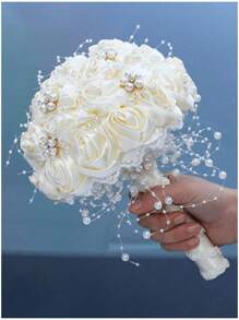 1PC White Wedding Bouquet For Bridal With Rhinestone Brooch Satin Holding Toss Artificial Flowers Bouquet For Bride Bridesmaid Quinceanera Handmade Satin Rose Bridal Bouquet Stunning Wedding Bouquets - 白色 - 查看 5