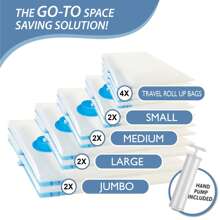 12 paquetes de bolsas ahorradoras de espacio (2 jumbo/2 grandes/2 medianas/2 pequeñas/4 rollos) - Bolsas de compresión para edredones y mantas, bolsas de sellado al vacío para almacenar ropa, con bomba de mano incluida, organizador de viaje - Multicolor - Ver 4