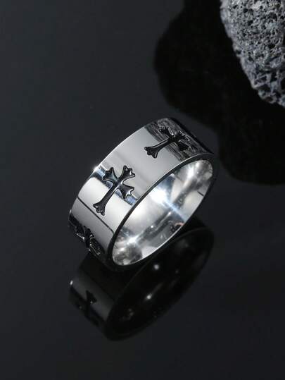 1 件时尚简约嘻哈风格不锈钢黑色戒指，男士多种尺寸可选，适合日常佩戴