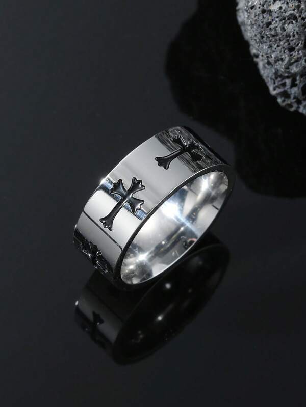 1 Stück minimalistische modische Hiphop Style Edelstahl schwarzer Kreuz Ring, in verschiedenen Größen für Herren, geeignet für den täglichen Gebrauch