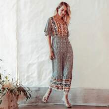 Women's Bohemian V Neck Maxi Dress Floral Print Short Sleeves