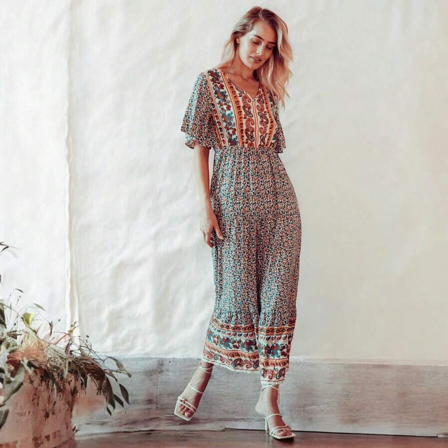 Women's Bohemian V Neck Maxi Dress Floral Print Short Sleeves