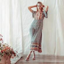 Women's Bohemian V Neck Maxi Dress Floral Print Short Sleeves