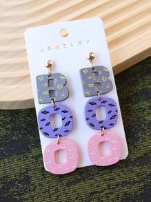 1 Pair Halloween Faux Clay Acrylic Bicolor Boo Earrings, Cute Ghost, Bat, Spooky Face Prints, Fun Party Earrings, Holiday Gift Jewelry