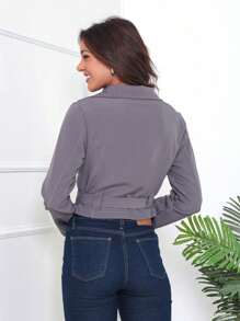 Women's Short Cropped Jacket With Zipper And Belt - Xám - Xem 2