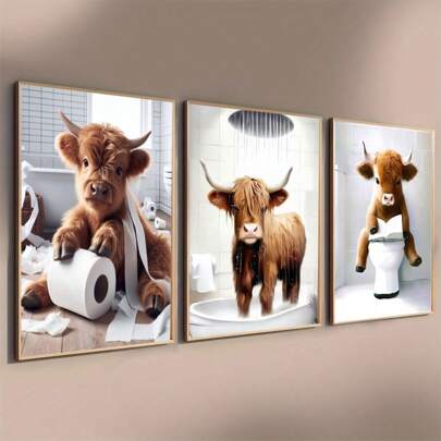 1/3pcs/Set Scottish Highland Cow Funny Bathroom Printed Canvas Poster, Farm Animal Humor, Fantastical Highland Cow Enthusiast Gifts, Wall Canvas Art, Animal Art,No Frames Include,Wall Art Birthday Graduation