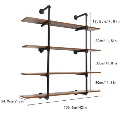 LOYALHEARTDY Industrial Pipe Shelving Wall Mounted, Rustic Metal Floating Shelves, Steampunk Real Wood Book Shelves, Wall Shelf Unit Bookshelf Hanging Wall Shelves, Farmhouse Kitchen Bar Shelving(4 Tier)