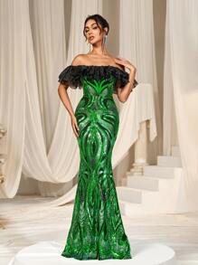 露肩美人鱼裙摆亮片印花正式礼服，优雅晚礼服，适合婚礼宾客、毕业典礼、晚宴和其他正式场合。 - 綠色 - 查看 3