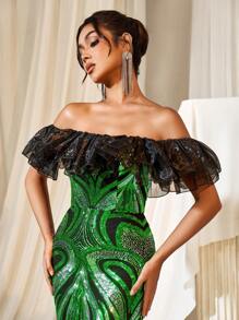 露肩美人鱼裙摆亮片印花正式礼服，优雅晚礼服，适合婚礼宾客、毕业典礼、晚宴和其他正式场合。 - 綠色 - 查看 7