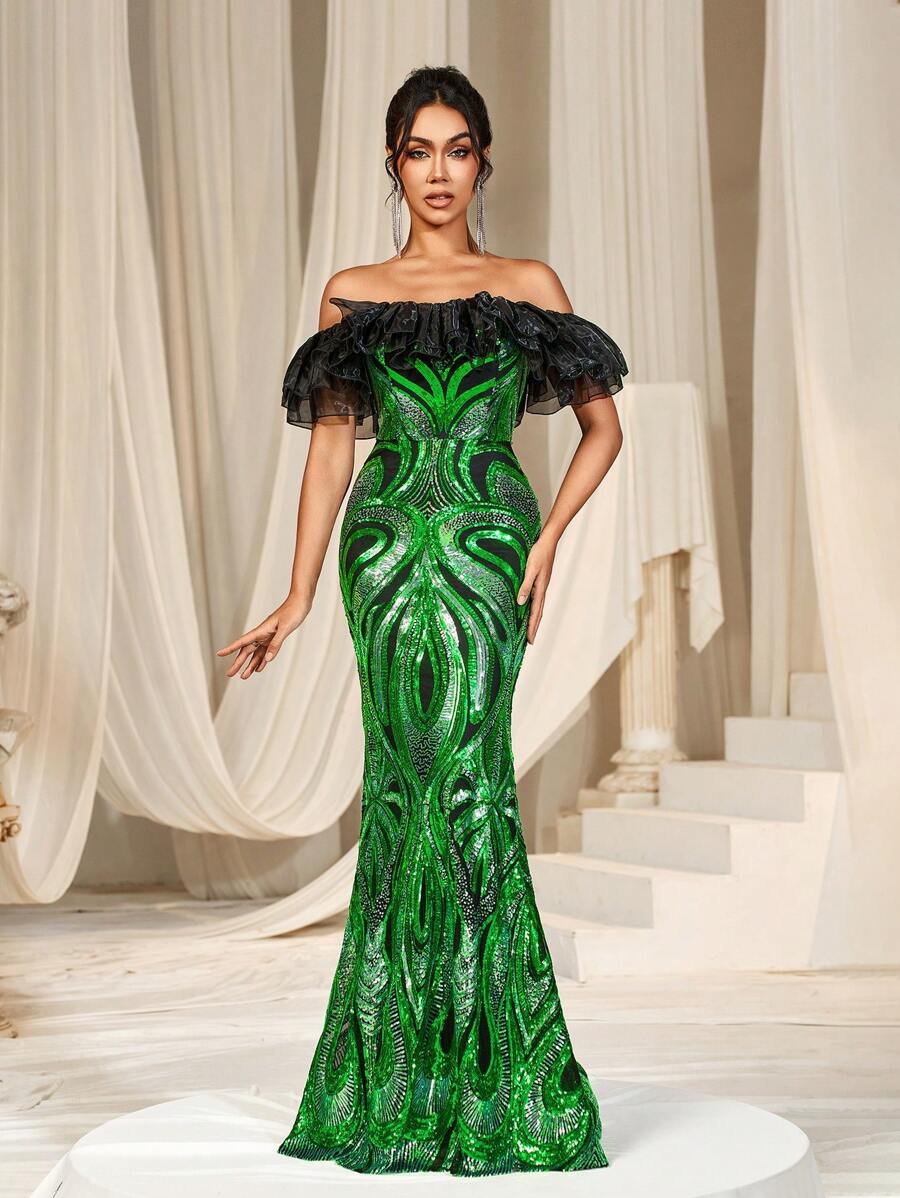 露肩美人鱼裙摆亮片印花正式礼服，优雅晚礼服，适合婚礼宾客、毕业典礼、晚宴和其他正式场合。 - 綠色 - 查看 1