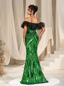 露肩美人鱼裙摆亮片印花正式礼服，优雅晚礼服，适合婚礼宾客、毕业典礼、晚宴和其他正式场合。 - 綠色 - 查看 2