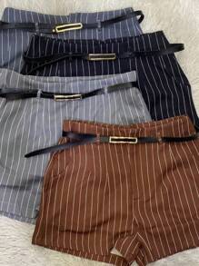 Striped Tailor Shorts With Functional Pockets + Belt - Rỉ Nâu - Xem 1