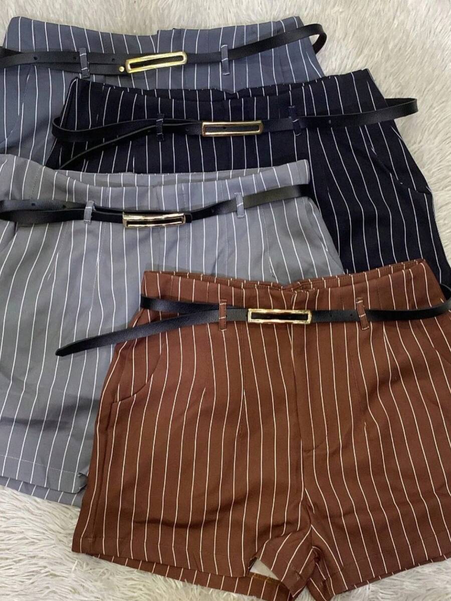 Striped Tailor Shorts With Functional Pockets + Belt - Rỉ Nâu - Xem 1