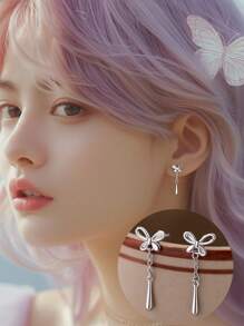 1 par de elegantes y estilosos pendientes de plata esterlina con borlas y lazo para mujeres, pendientes lindos, joyería exquisita, regalos de cumpleaños, uso diario