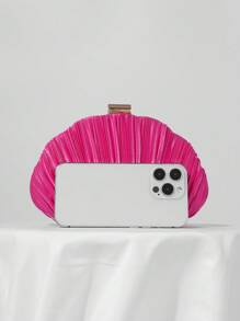 缎面褶皱盒形晚宴包、宴会包、礼服包、舞会手包、链带单肩包、婚礼钱包 - 玫紅色 - 查看 7